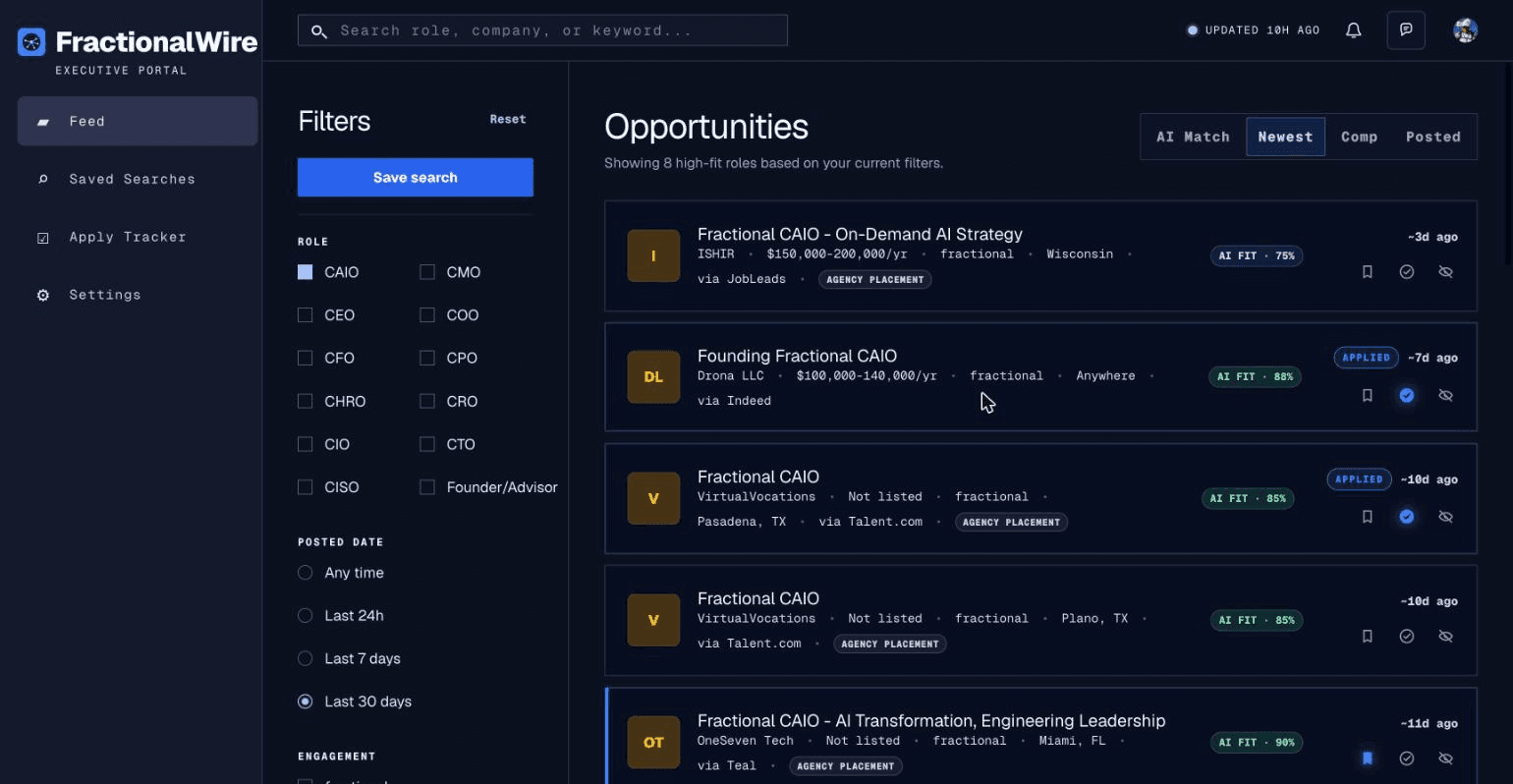 FractionalWire feed view showing real fractional CAIO opportunities with AI fit scores, comp ranges, source attribution, and applied-status badges